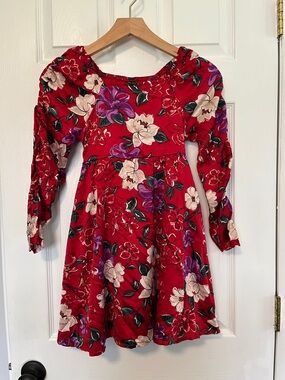 Girls Red Floral Long-Sleeve Casual Dress